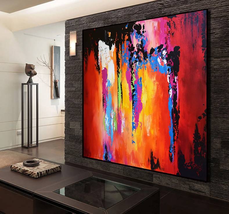 Purple Handmade Yellow Colorful Room Abstract Canvas Artwork AP7HV